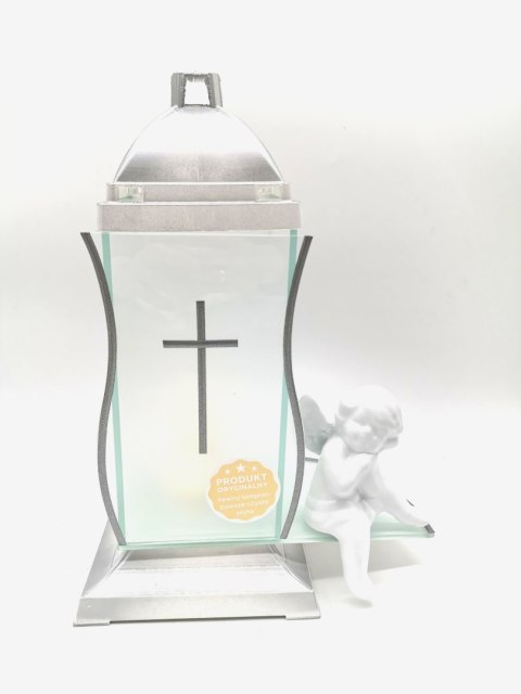 ZNICZ KAPLICZKA BIAŁE SREBRO Z KRZYŻEM I ANIOŁEM