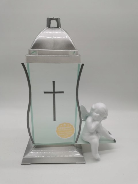 ZNICZ KAPLICZKA BIAŁE SREBRO Z KRZYŻEM I ANIOŁEM