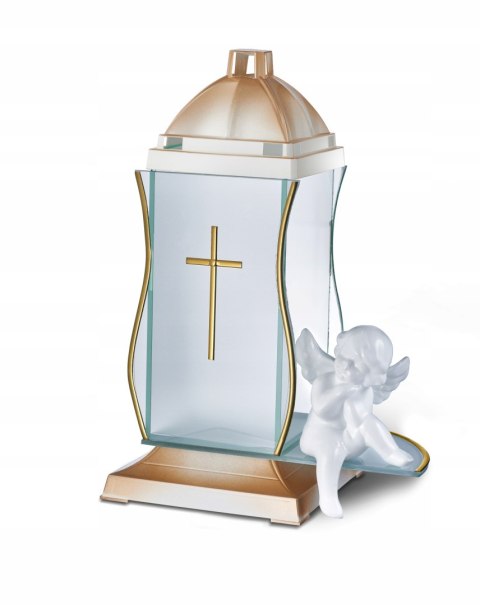 ZNICZ KAPLICZKA BIAŁO ZŁOTA Z KRZYŻEM I ANIOŁEM