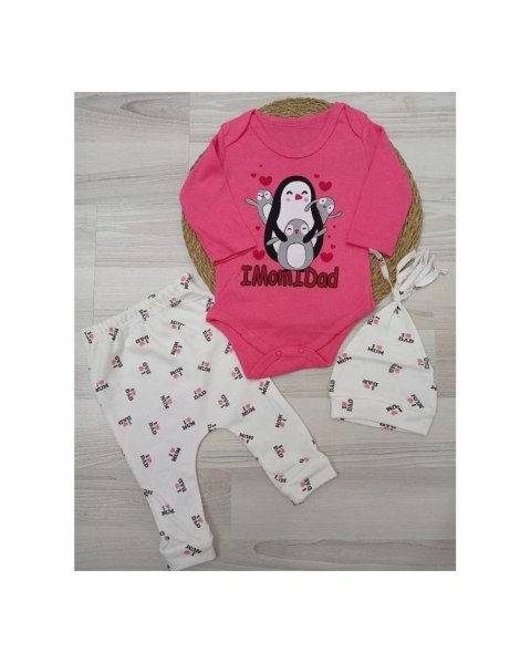 Komplet niemowlęcy fuksja 68 74 body spodnie czapa