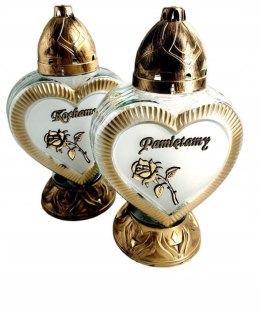 ZNICZ PIĘKNY KOMPLET ZNICZY 2X DUŻE MLECZNE SERCE KOCHAMY PAMIĘTAMY RÓŻAMI