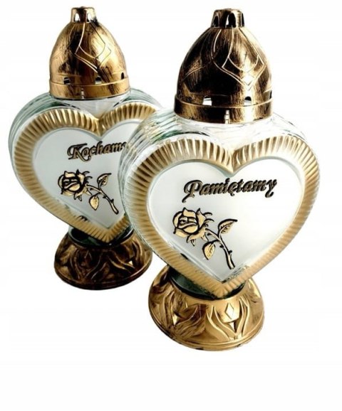 ZNICZ PIĘKNY KOMPLET ZNICZY 2X DUŻE MLECZNE SERCE KOCHAMY PAMIĘTAMY RÓŻAMI