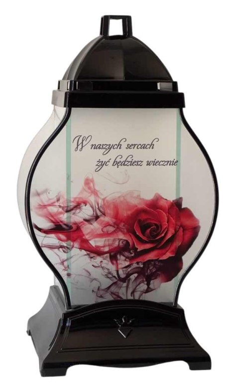ZNICZ SZKLANA KAPLICZKA Z RÓŻĄ I DEDYKACJĄ UNI W SERCACH NASZYCH